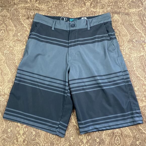 OP Flex 4 Way Stretch Board Shorts Mens 30 Black Gray Stripe Beach Swim - Picture 1 of 10